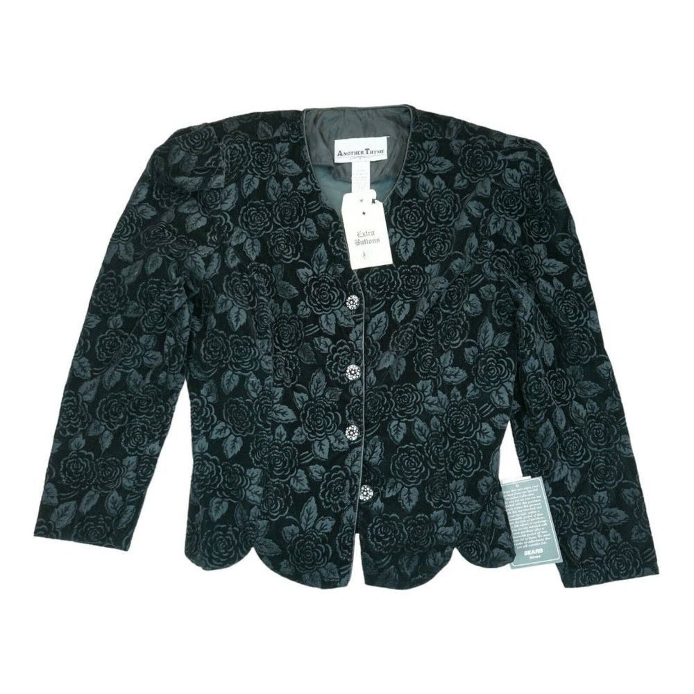 NWT Another Thyme Womens L Black Velvet Jacket Floral Embellished Button Blazer